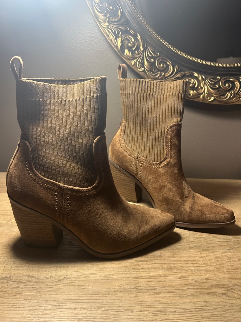 Universal Thread Tan Suede Knit-Cuff Ankle Booties